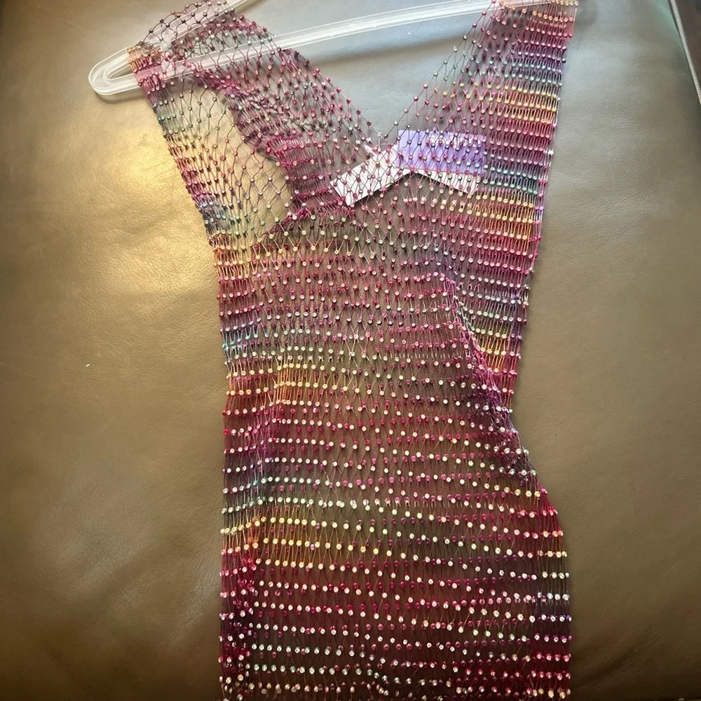 Sexy Shiny Rhinestone Rainbow 🌈Mesh Summer Crop Top Stretchy - Picture 16 of 17